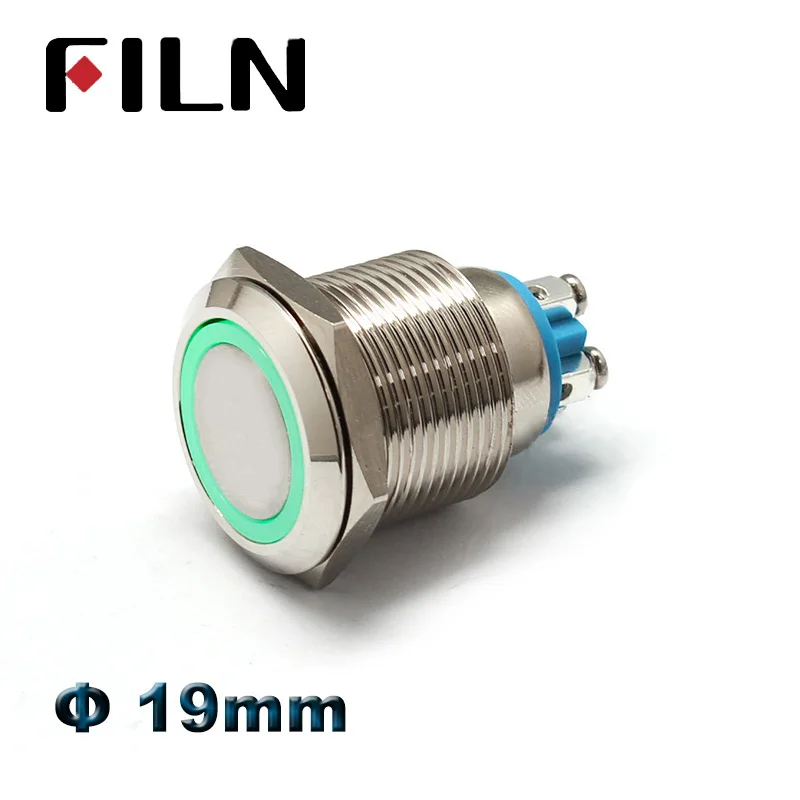 19mm 12V ring LED Flat Head Metal Push Button Switch Latching Switch pushbutton Screw Terminal Type Nickel plated brass Switch