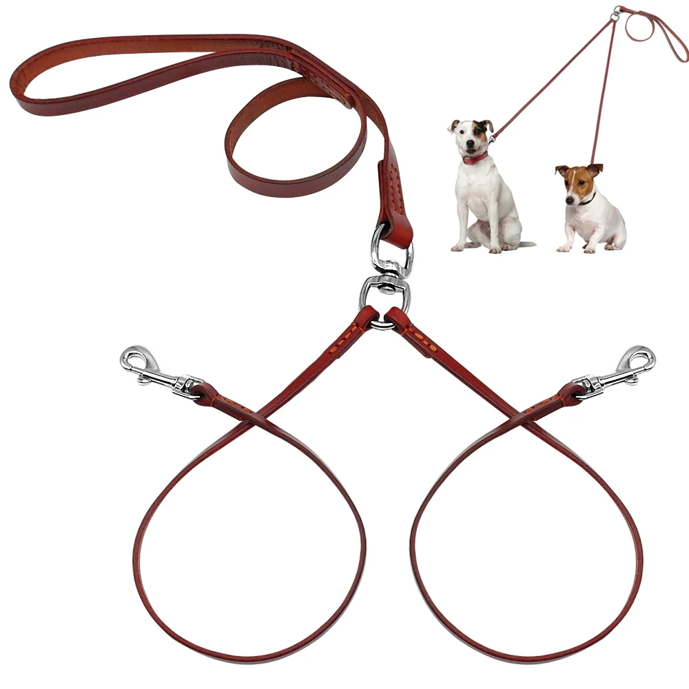 2 Way Real Leather Coupler Dog Walking Leash Dual No Tangle Lead For 2 Dogs Good For Small Medium Breeds Brown