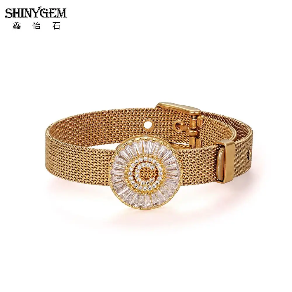 

ShinyGem A-Z Letters Charm Bracelets Rose Gold/Gold/Silver Plated Stainless Steel Wristband Bangles Zirconia Round Women Bangles