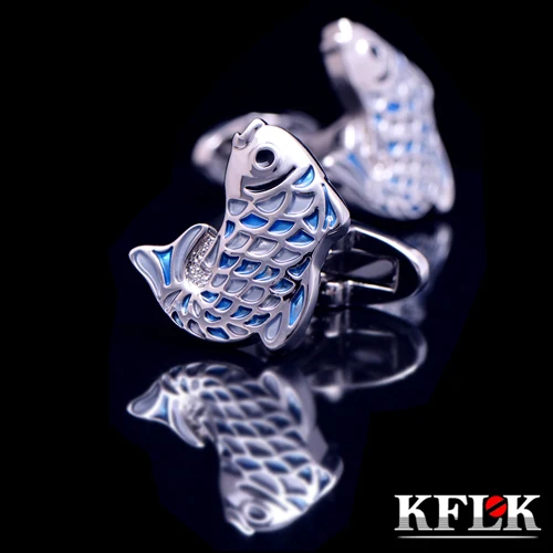 KFLK Luxury 2020 NEW shirt cufflinks for mens Gifts Brand cuff buttons Blue fish cuff links High Animal Quality Designer Jewelry