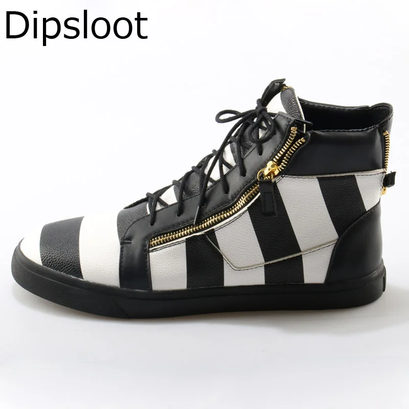 Hot Men Zebra Stripe Leather High Top Thick Sole Casual Shoes Men Double Zipper Unisex Sneakers Flat Leisure Trainer Shoes