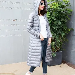 Casaco de pato branco claro e fino feminino, Parkas com capuz quente, casaco longo feminino, puffer Outerwear, 4XL, outono, inverno, 2022