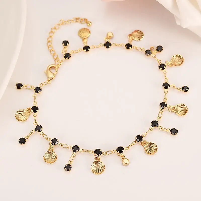 

New Korean Fashion Fine Yellow gold GF Black CZ Unlimited Charm Multi-element Bracelet lengthen Size length Anklet Summer Style