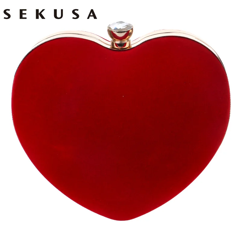 SEKUSA Velvet acrylic diamonds heart shaped red/black evening bags mini purse clutch with chain shoulder evening bag for wedding