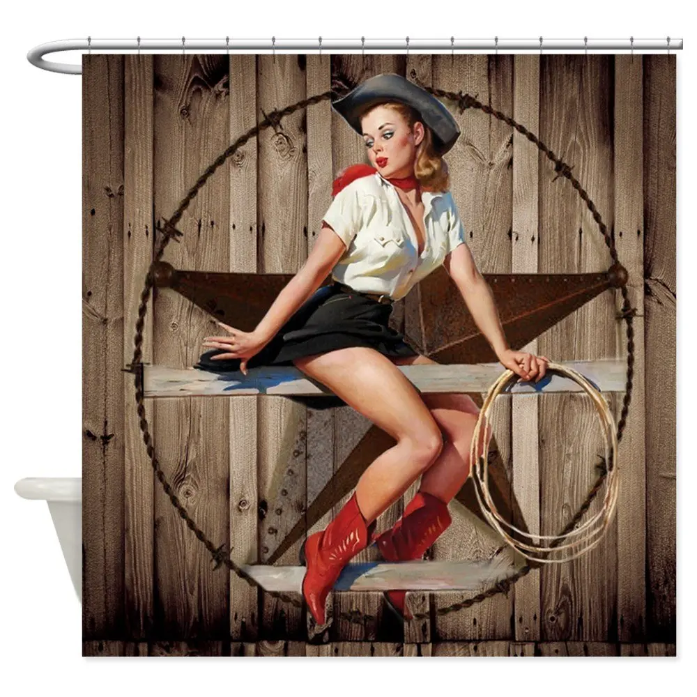 Cute Western Cowgirl Pin Up Girl Decorative Fabric Shower Curtain