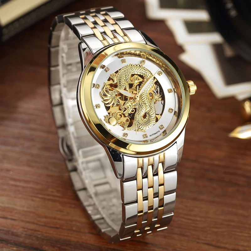 Luxury Dragon Skeleton Automatic Mechanical Watches For Men Wrist Watch Stainless Steel Strap Gold Clock Waterproof Mens relogio