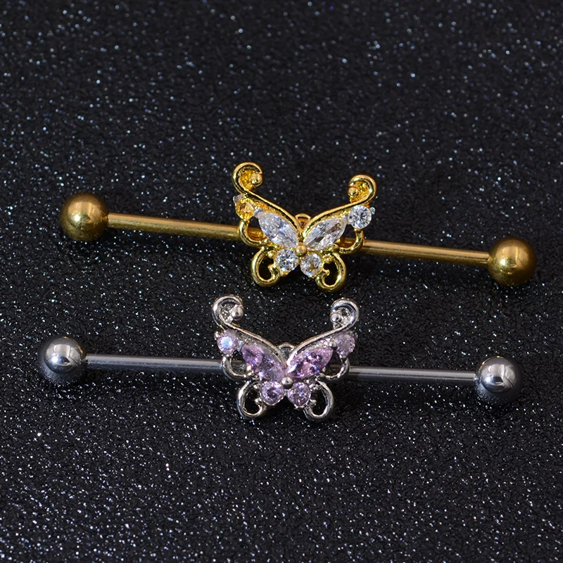 1Pc 1.6x38mm Sun Opal Gem Industrial Piercing Barbells Nails Ear Studs Earrings Plugs Unique Design Body Jewelry