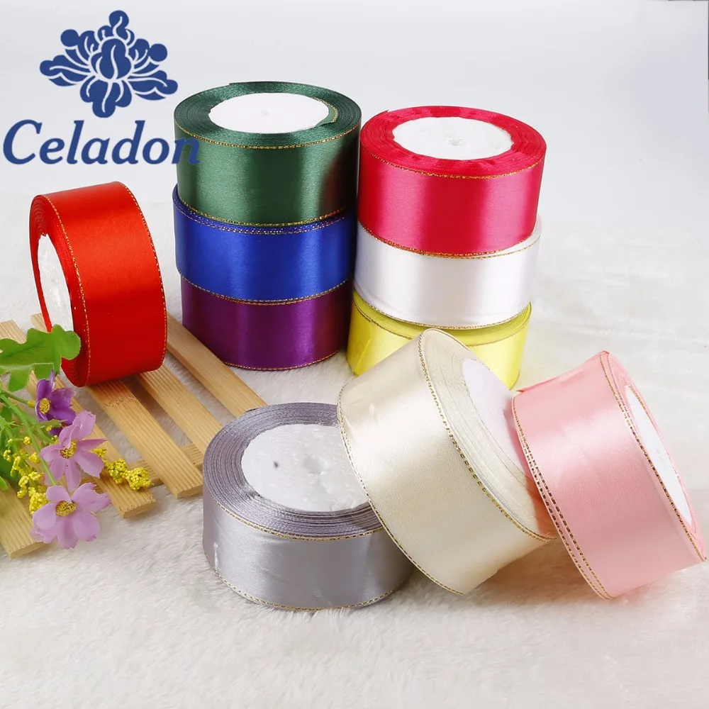 Multi Colors To Choose 25 yards/roll Ribbon Solid Color With Golden Side Ribbon Used Graduation Gift Packing Party Decoration