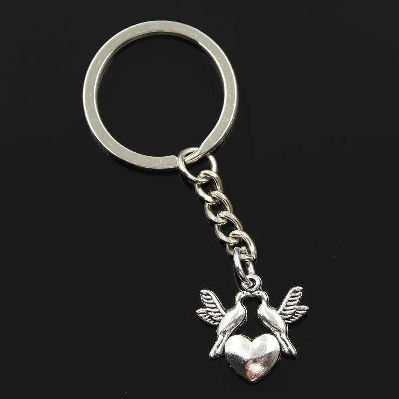 New Fashion Men 30mm Keychain DIY Metal Holder Chain Vintage Kissing Doves Birds Heart 21x21mm Silver Color Pendant Gift