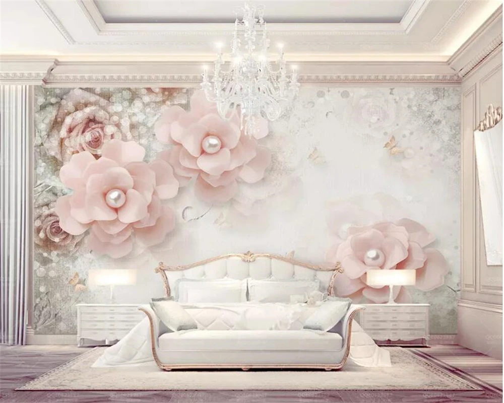 

Custom mural wallpaper European pearl flower butterfly TV Bedside table background wall wall papers home decor