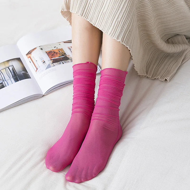 OMSJ Woman Sexy Socks 2PCS/Pair 2019 Spring New Fashion Socks Solid Color Women Soft Cute Long Socks For Women Mesh Thin Socks