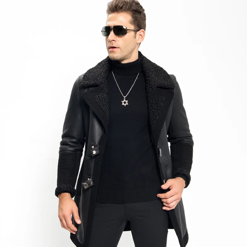 

Menfolk Shearling Jacket Long Style Sheepskin Coat New Style Wool Collar Genuine Leather Motorcycle Jacket Flight Outerwear