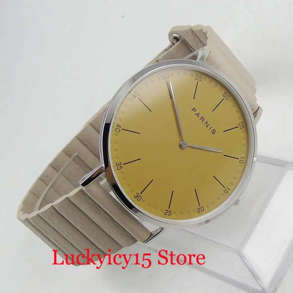 

Simple Dress PARNIS Brand 41mm Quartz Men's Watch Yellow Dial Pin Strap Sapphire Glass