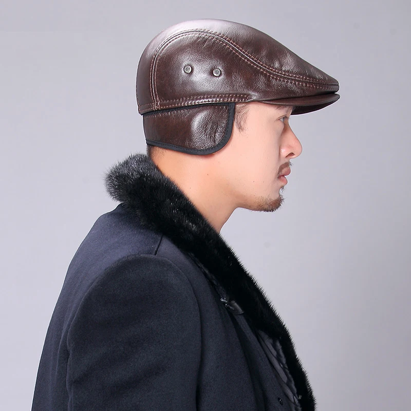 RY101 Men Genuine Leather Casual Warm Black/Brown Fitted Berets Hats Middle/Old Aged Boinas Para Hombres Forward Cap For Male