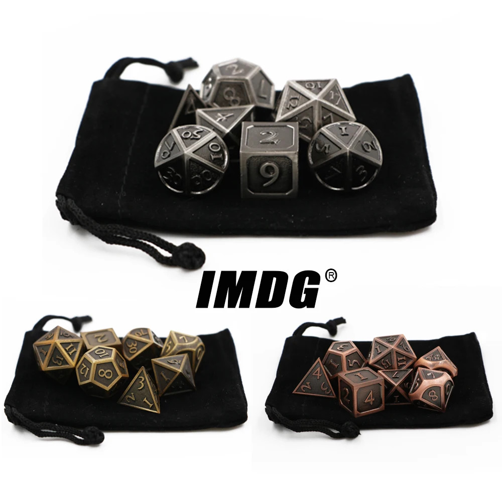 IMDG 7pcs/set Creative RPG Game Dice Polyhedron Metal Dice DND New Font Ancient Color Digital Game Dice