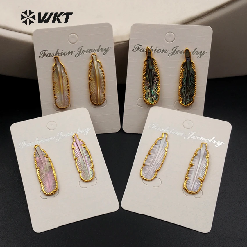 

WT-E355 WKT оптовая продажа, новинка, горячая распродажа, элегантные ювелирные изделия в форме пера, модные серьги-гвоздики из натуральной ракушки