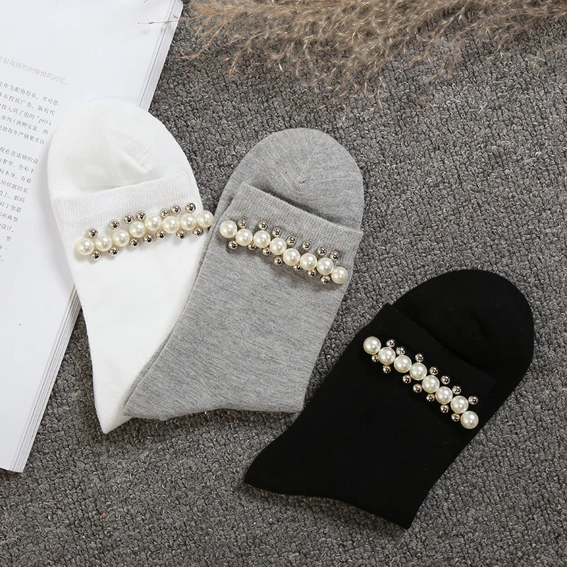 

New Simulation Pearl Pure Color Simple Middle Tube Socks Korean Style Cotton Women Socks Wholesale 10pair/lot