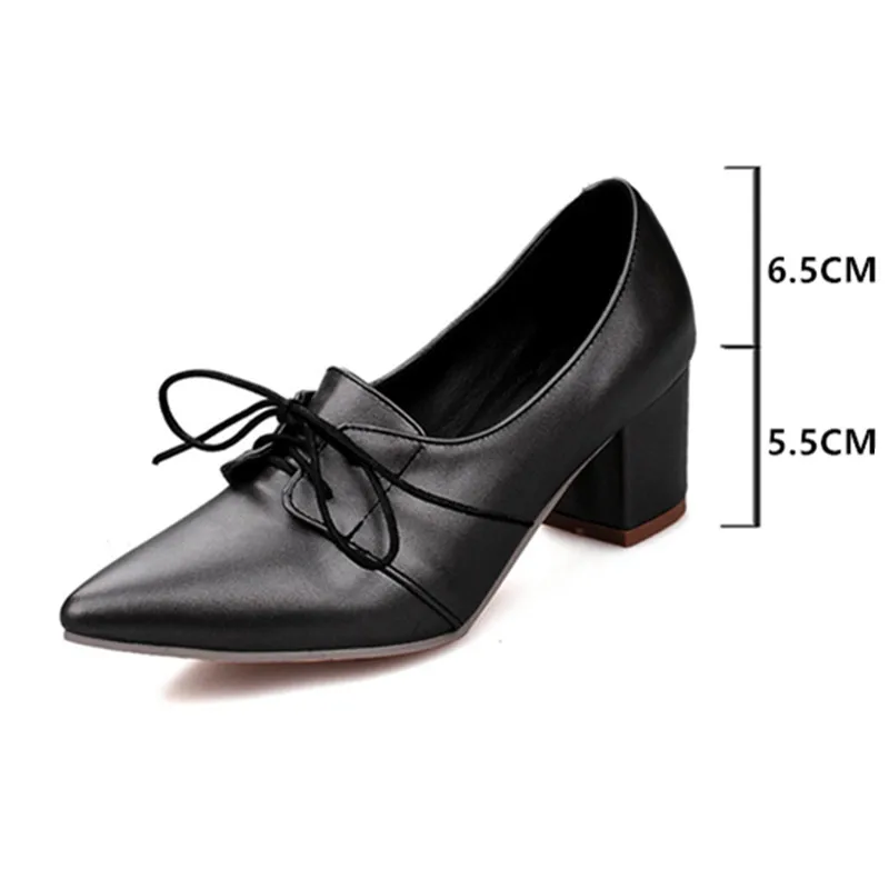 2024 HOT Women Shoes Pointed Toe Pumps Leather Lace-up Female Square High Heels Zapatos Mujer Plus Size 31-45 Black White Pink