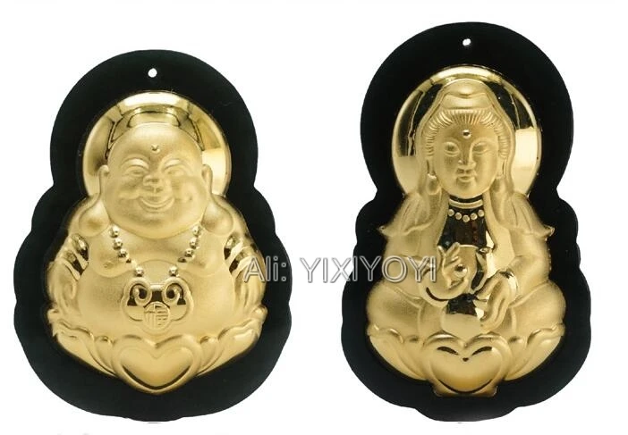 Wonderful Natural Black Green Hetian Jade + 18K Gold Chinese Blessing GuanYin Buddha Lucky Pendant + free Necklace Fine Jewelry