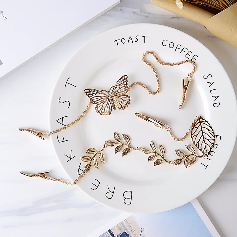 Women\'s sweet New Charm Chain Jewelry metal butterfly leaf hairpin headband Hair Accessories