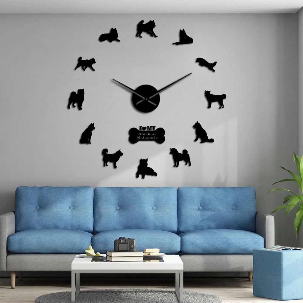 Alaskan Malamute Silent  DIY  Wall Time Clock Mally Puppy Dogs Postures Wall Art Hanging Timepieces Frameless Wall Watch Decor