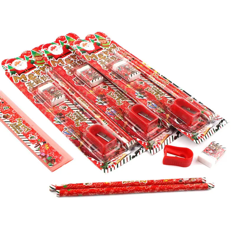 5 pçs/set kawaii natal lápis de madeira padrão conjunto de borracha apontador de lápis crianças estudantes presentes de natal material escolar