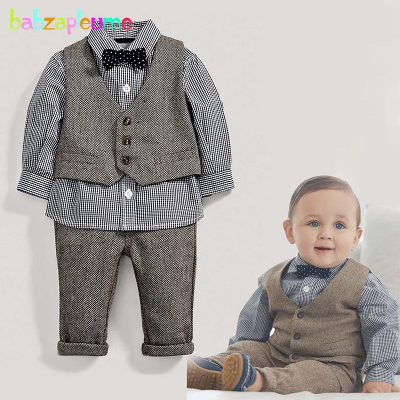 3Piece Spring Autumn Newborn Boy Clothes Korean Fashion Gentleman Plaid Cotton Vest+Tops+Pants Baby Clothing Kids Outfit BC1510