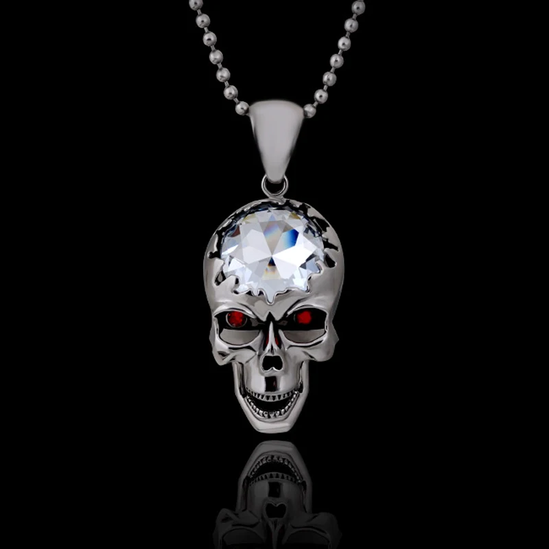 

Pendant Necklace Silver Skull Gothic Polished -with Big skull pendant, movable jaw, forehead is white gem, eyes are red glass