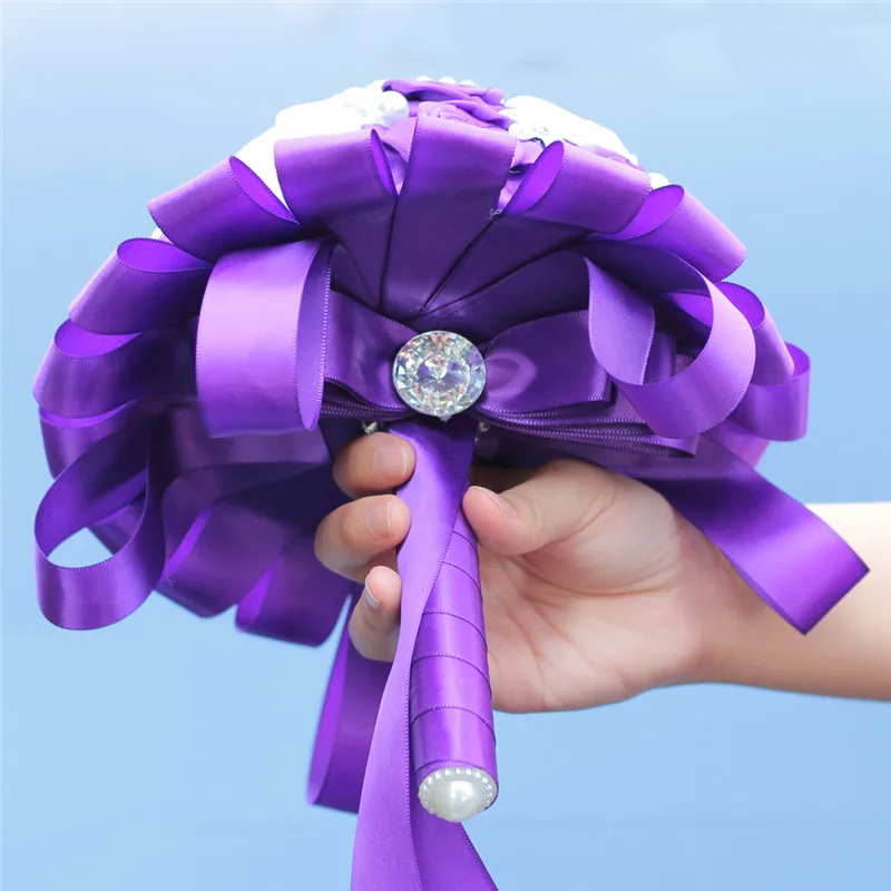 Wifelai-um roxo branco diamante bouquets de casamento de seda strass artificial rosa flores de dama de honra mariage bouquets W125-69