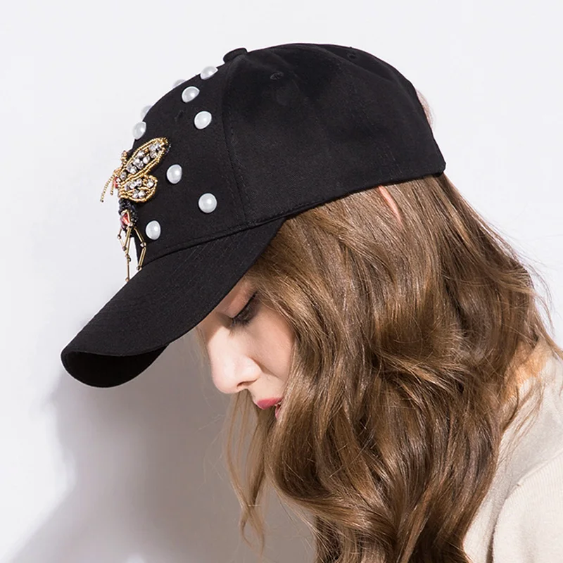 GZHILOVINGL Summer Cool Rhinestone Bees Baseball Cap Snapback Hiphop Caps Women Black Hat Pearls Washed Cotton Adjustable Sports