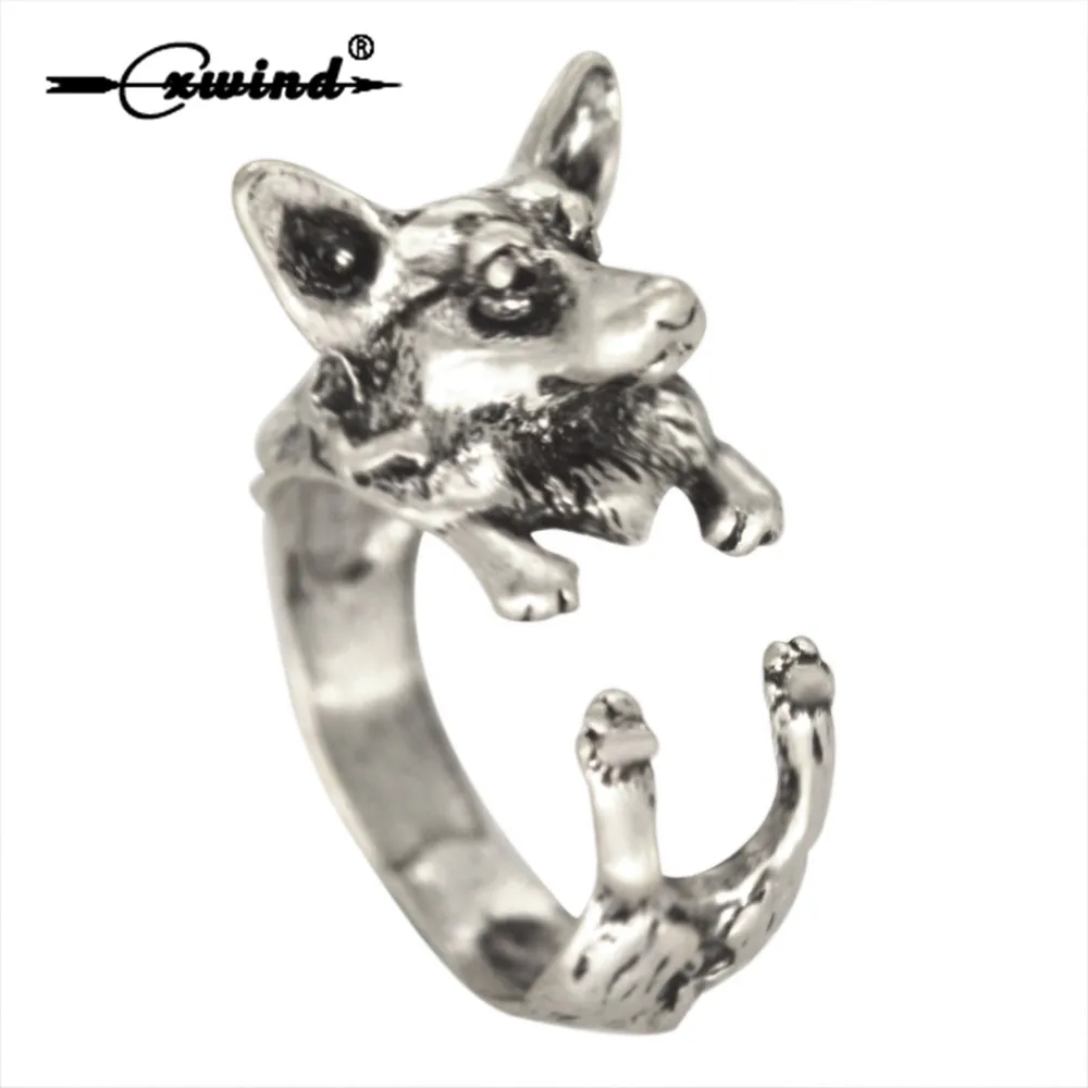 Cxwind Antique Bronze Wolf Boho Chic Welsh Corgi Dog Ring Animal English Dog Ring Hippie Knuckles Rings for Women Jewelry