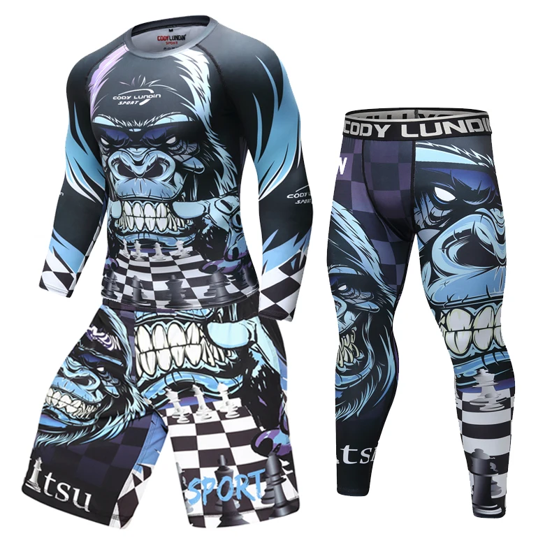 Guantoni da boxe di Compressione Set Pantaloni in Jersey di 3D orangutan Stampa Rashguard KickBoxing Stretto T-Shirt Pantaloni Muay Thai MMA