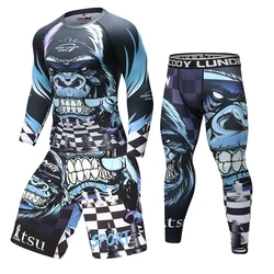 Guantoni da boxe di Compressione Set Pantaloni in Jersey di 3D orangutan Stampa Rashguard KickBoxing Stretto T-Shirt Pantaloni Muay Thai MMA Fightwear