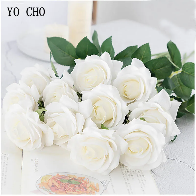 YO CHO  Artificial Pink Silk Flower Bouquet  1 Head  Real Touch  Red Roses  1 Branch  White  Wedding Party Decoration