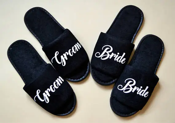 

personalize title black Wedding Bride Groom bestman Bridesmaid maid of honor Slippers Bachelorette Spa Slippers party favors