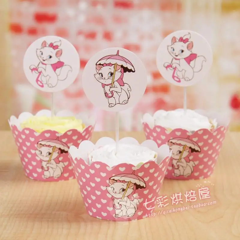 12sets Marie Cat Cupcake Wrapper And Topper Girl's Birthday Party Cake Deco Supply