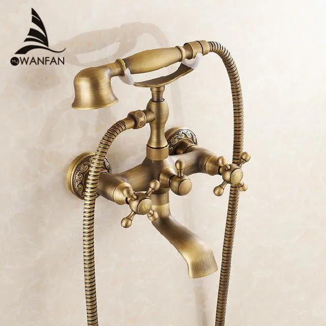 

Bathtub Faucets Wall Mounted Antique Brass Brushed Bathtub Faucet With Hand Shower Bathroom Bath Shower Faucets Torneiras 6761F