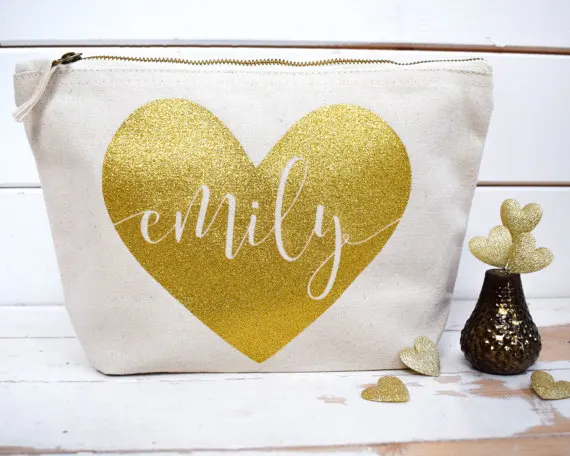 personalize name heart wedding bride Bridesmaid Makeup Gift Make Up comestic Bags pouches Maid of Honour Christmas Birthday gift