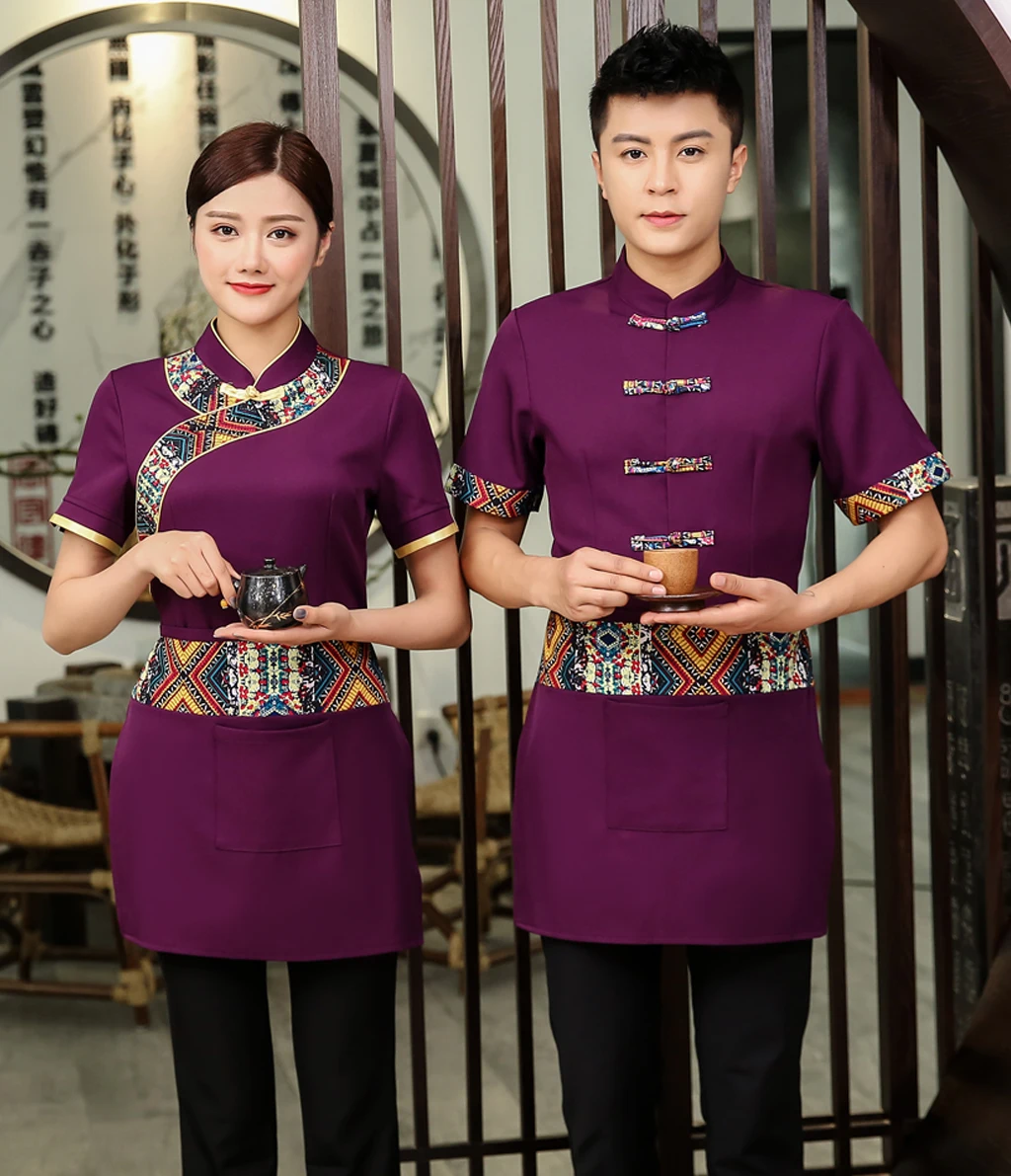 Women Chinese Restaurant Waiter Uniform Hotel Cafe Stall Overalls Short Sleeve Waitress Uniform Coffee Shop Food Service Outfit