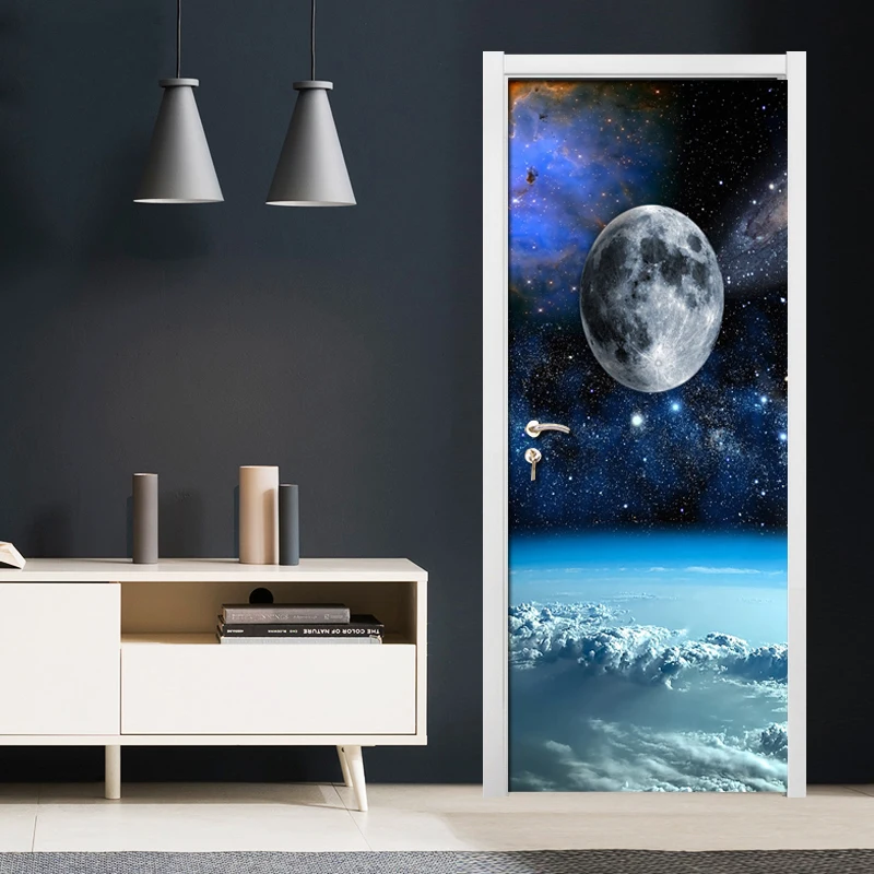 

3D-обои на дверь: Космический пейзаж с планетами и облаками, для гостиной и спальни, водонепроницаемые ПВХ-наклейки на дверь, декор для дома, настенная роспись