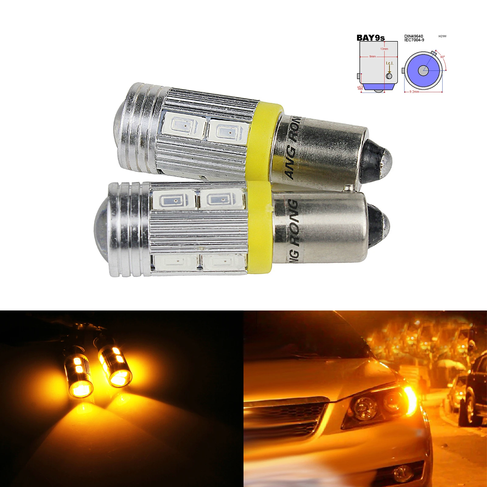 ANGRONG 2pcs H21W BAY9s 10SMD LED Bulb Front Indicator Rear Reverse Side Light Amber 12V