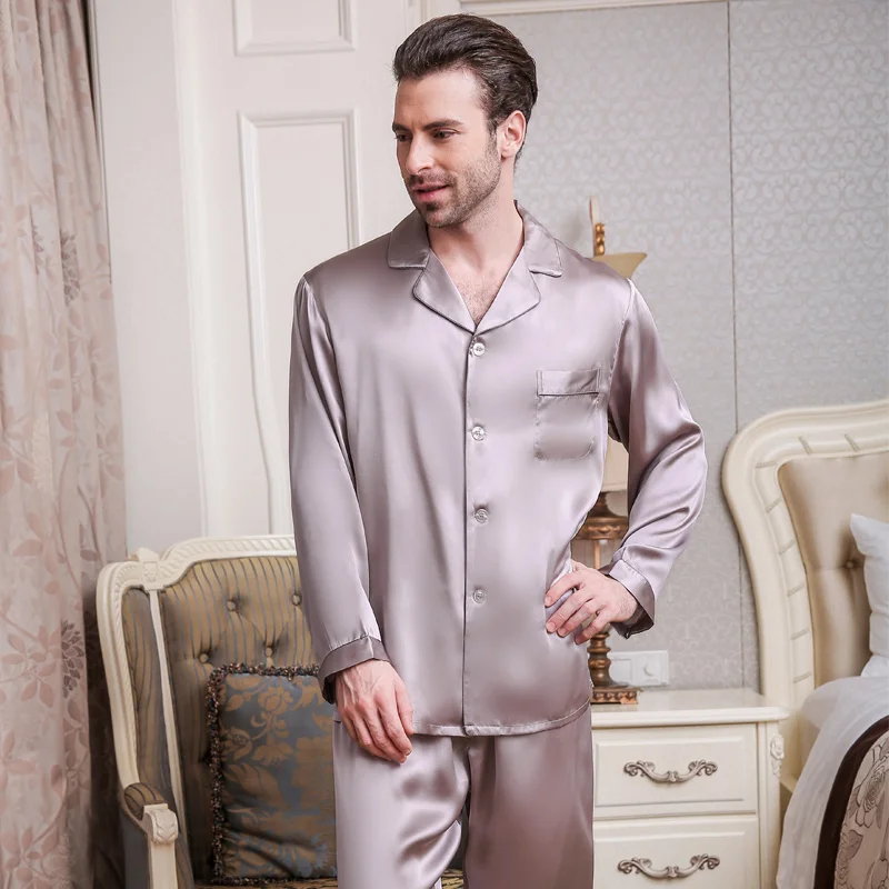 Pyjama en soie véritable pour homme, vêtements de nuit, printemps été, manches longues, pantalon deux pièces, 100% soie de ver, T9002