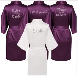 new purple robe silver writing mother of the groom robes wedding Short Bride kimono bridesmaid satin robe drop shipping