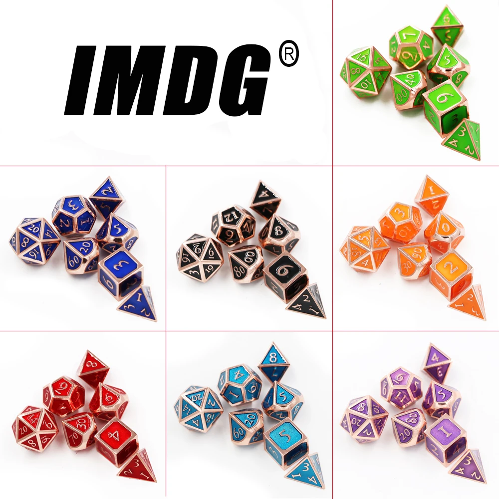 IMDG 7pcs/set Creative RPG Game Dice Polyhedron Metal Dice DND New Enamel Red Copper Digital Game Dice