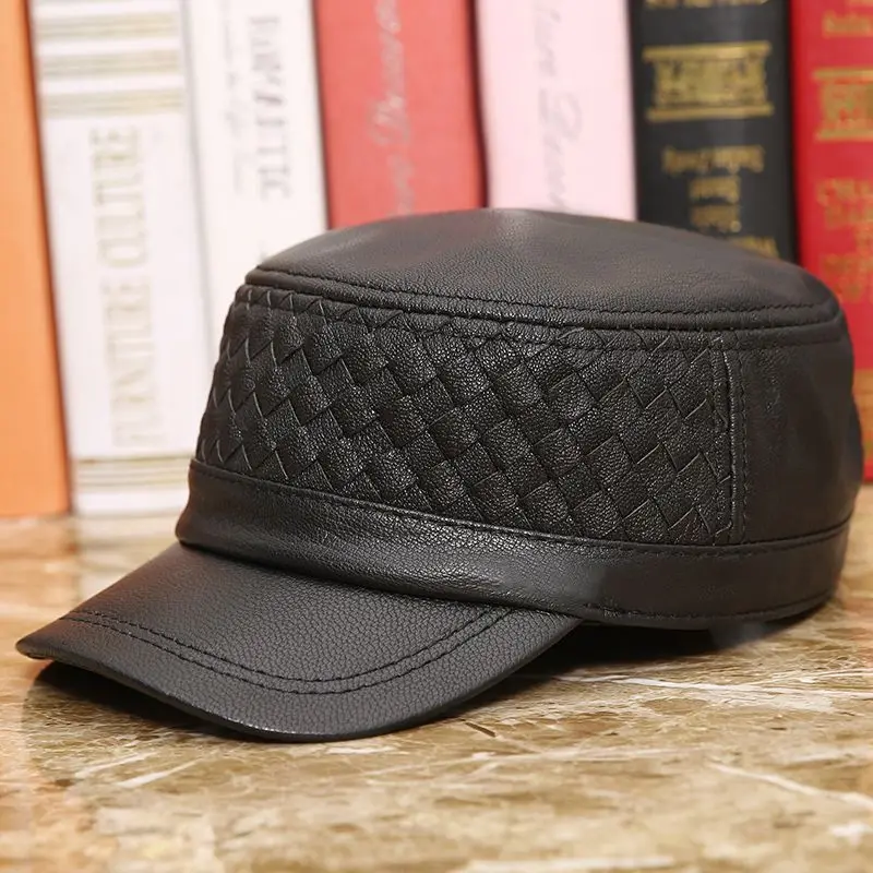 Leather Hat Men's Autumn Winter Sheepskin Weave Visor Cap Outdoor Casual Fashion Middle Age Elderly Genuine Leather Hats H7008