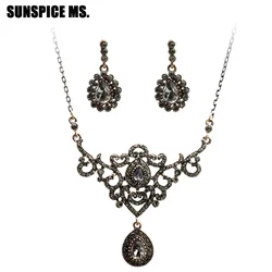 Sunspicems Turkish Wedding Jewelry Sets Gray Crystal Drop Earring Charm Necklace Antique Gold Color Bohemia Party Bijoux Gift