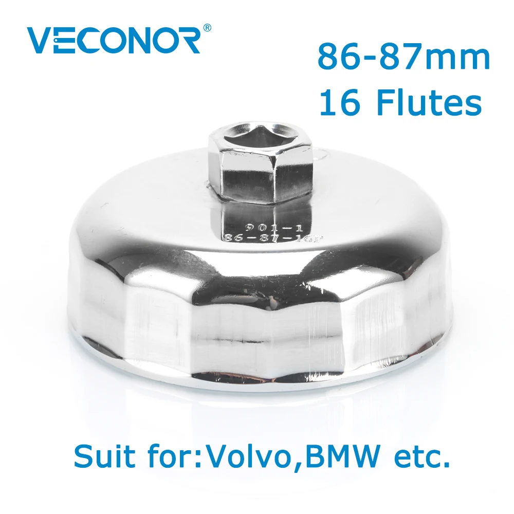 Veconor 1/2 "quadrado dr. aço 86mm-87mm chave de filtro de óleo tampa ferramenta removedor 16 flautas universal para volvo bmw