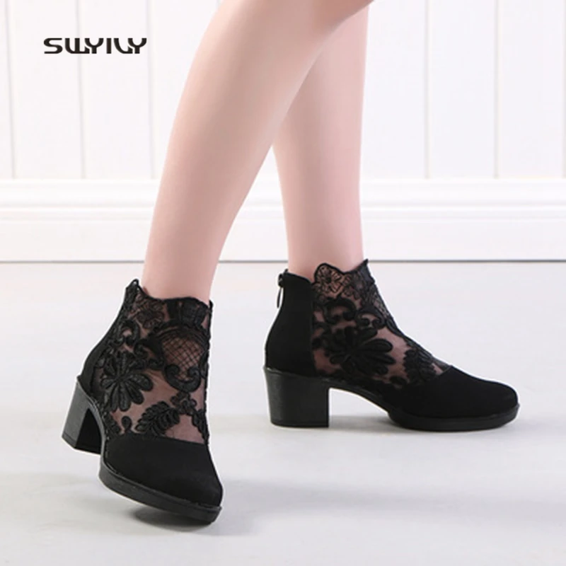 SWYIVY – chaussures de danse à talons compensés pour femme, escarpins noirs, Sexy, en dentelle, Sport, grande taille, 41, automne, 2019