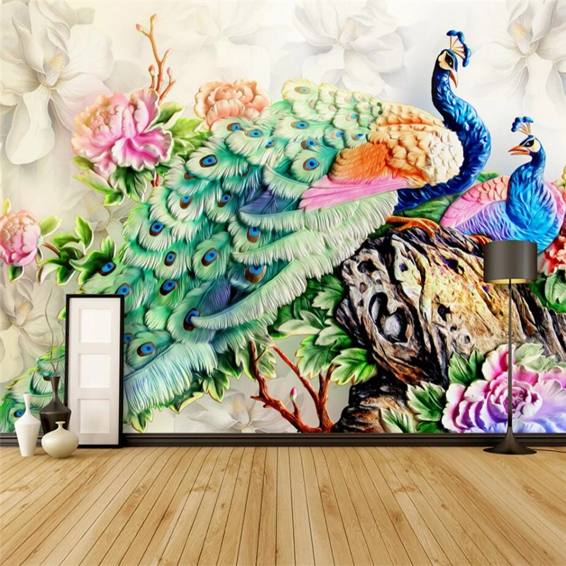 

beibehang Classic peacock relief living room TV sofa background wall custom large mural green wallpaper papel de parede