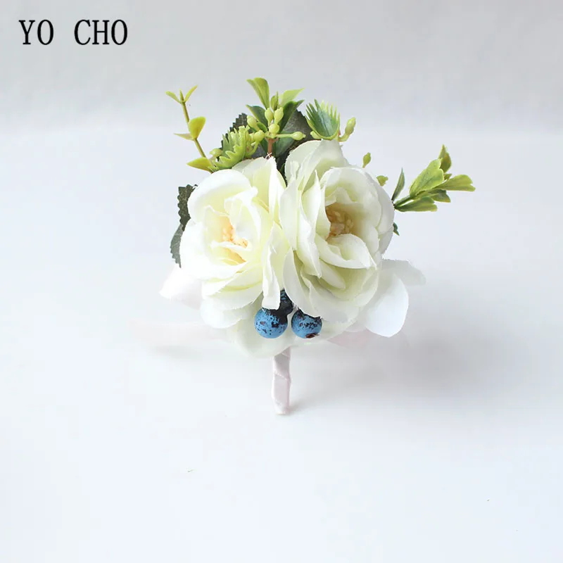 YO CHO Corsages Bridal Artificial Silk Rose Wrist flowers Bracelet White Blue Groom Wedding Boutonniere Prom Party Meeting Decor